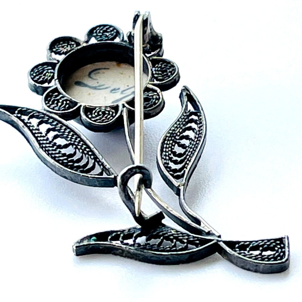 Vtg Blue White Delft Windmill Filigree Flower Brooch Dainty Pin C Clasp Signed - Picture 9 of 12